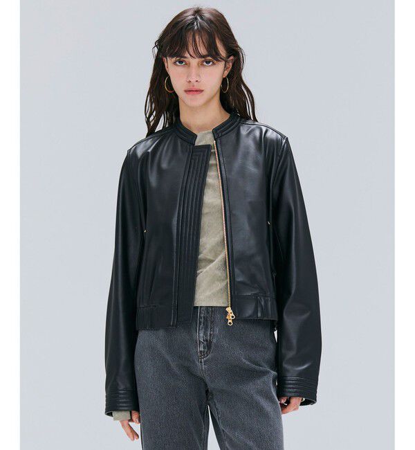 BEIGE,「【andGIRL 秋号掲載】CLYDE / ステッチデザインラムレザーブルゾン」|ノーカラージャケット|Black