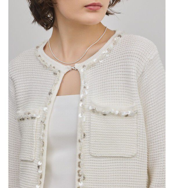 GRACE CONTINENTAL「ブレードツイードニットジャケット」|ノーカラージャケット|ホワイト