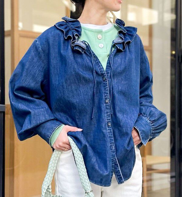 Rie Miller「【追加7回】【RM denim】フリルギャザーデニムブラウス」|シャツ・ブラウス|