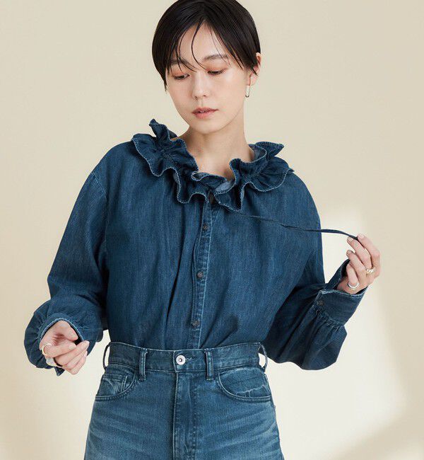 Rie Miller「【追加7回】【RM denim】フリルギャザーデニムブラウス」|シャツ・ブラウス|