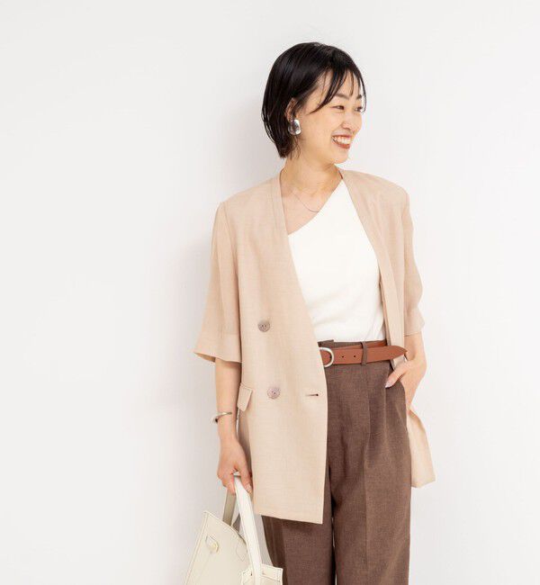 NOLLEY'S「ウォッシャブルリネン風シアー5分袖ジャケット」|ノーカラージャケット|