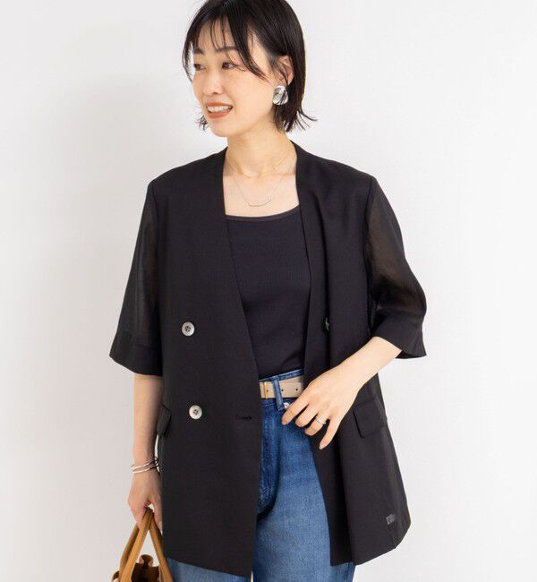 NOLLEY'S「ウォッシャブルリネン風シアー5分袖ジャケット」|ノーカラージャケット|