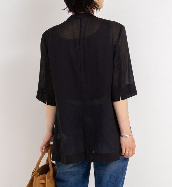 NOLLEY'S「ウォッシャブルリネン風シアー5分袖ジャケット」|ノーカラージャケット|