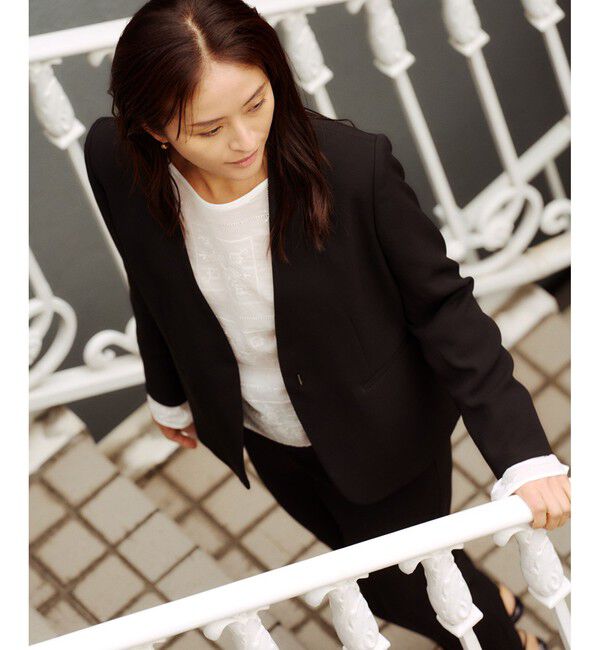 ROPE「トリアセバックサテン ジャケット【オフィス/通勤/セットアップ対応】/洗える」|ノーカラージャケット|