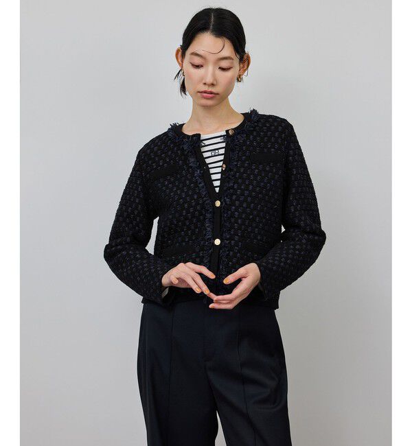 ROPE「ニットフリンジジャケット」|ノーカラージャケット|