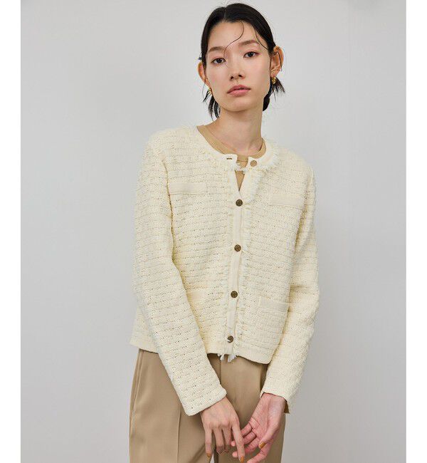 ROPE「ニットフリンジジャケット」|ノーカラージャケット|