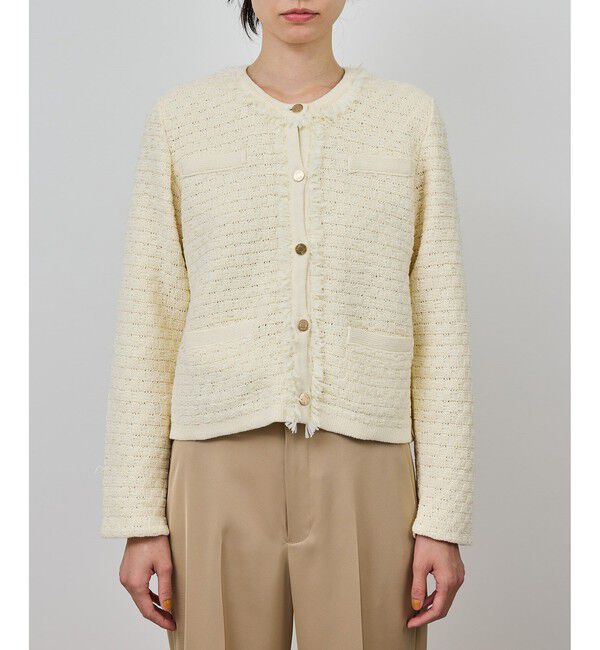 ROPE「ニットフリンジジャケット」|ノーカラージャケット|