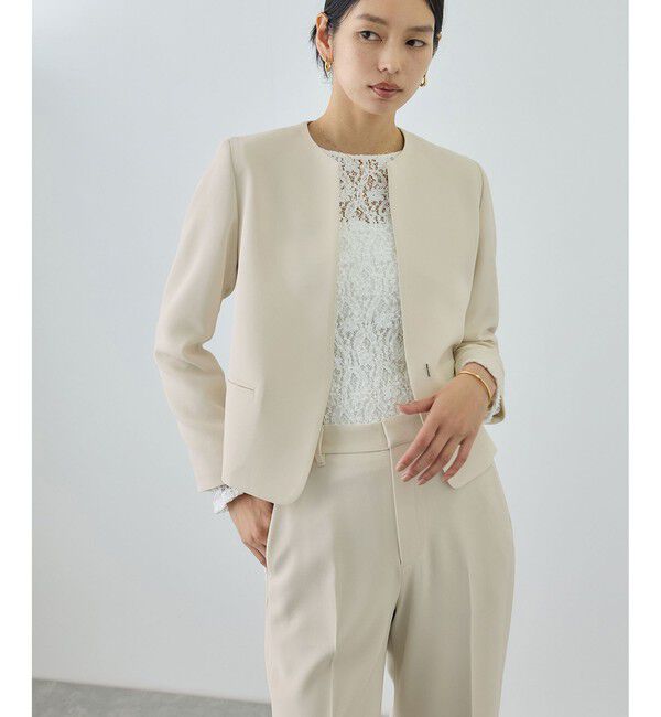 ROPE「トリアセダブルクロス クルーネックジャケット/イージーケア・セットアップ対応・26SS」|ノーカラージャケット|ベージュ(27)