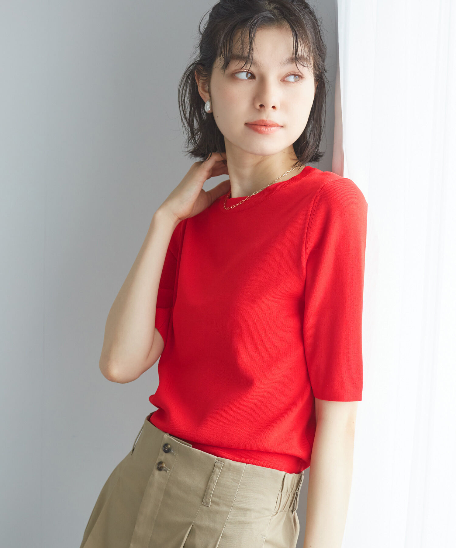 Rope&rsquo;Picnic「【イージーケア・UVカット・接触冷感・洗濯機OK】ハーフスリーブニットプルオーバー」|ニット・セーター|