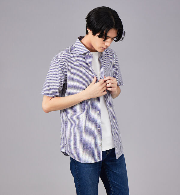 ABAHOUSE「多機能 スマートテック ジャージー 半袖シャツ」|シャツ・ブラウス|ネイビー