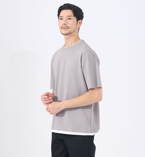 ABAHOUSE「【レイヤード】ストライプ ジャガード 半袖Tシャツ」|Tシャツ・カットソー|グレージュ