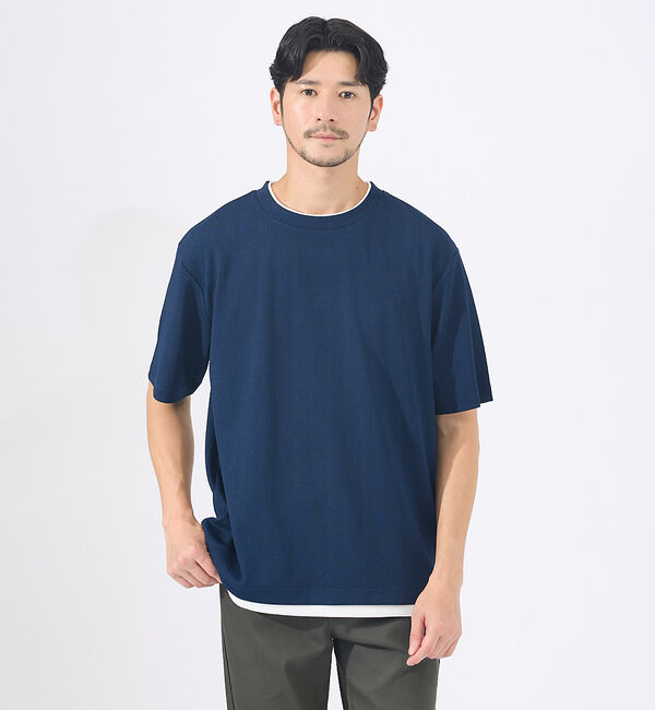 ABAHOUSE「【レイヤード】ストライプ ジャガード 半袖Tシャツ」|Tシャツ・カットソー|ネイビー