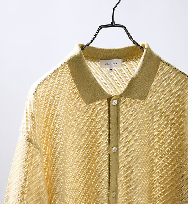 ABAHOUSE「【透かし編み】バイアス メッシュニットポロ  / ニットシャツ」|カーディガン|イエロー