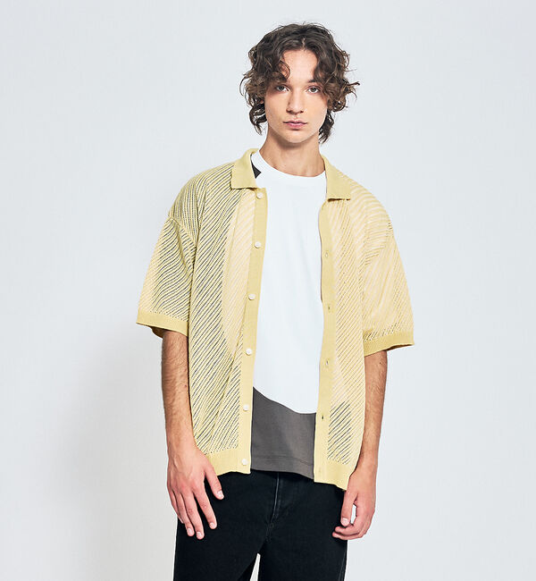 ABAHOUSE「【透かし編み】バイアス メッシュニットポロ  / ニットシャツ」|カーディガン|