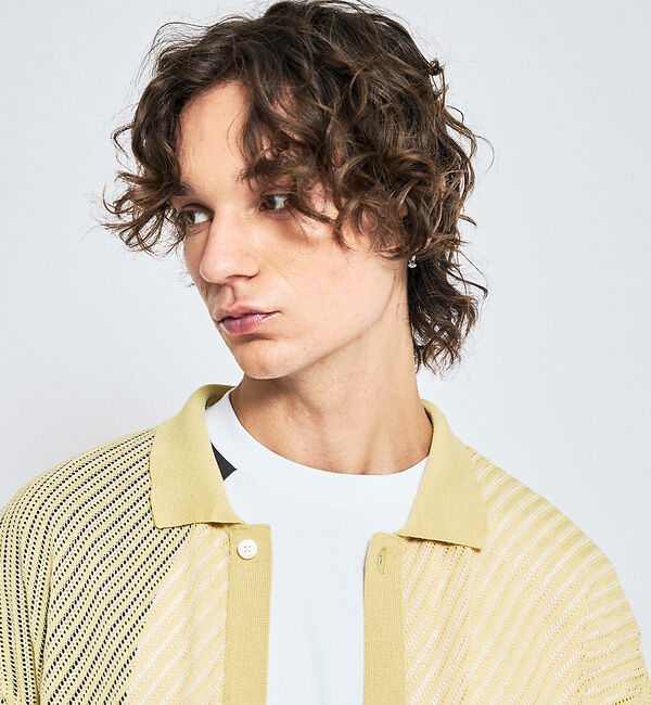 ABAHOUSE「【透かし編み】バイアス メッシュニットポロ  / ニットシャツ」|カーディガン|