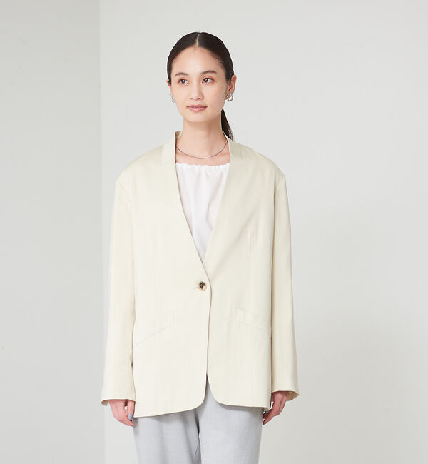 qualite「フィブリルサテンカーデジャケット」|ノーカラージャケット|