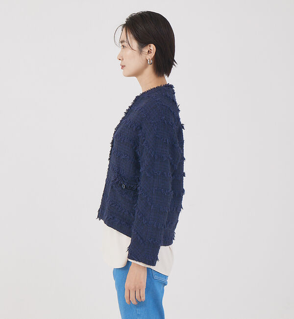 qualite「フリンジツィードジャケット」|ノーカラージャケット|