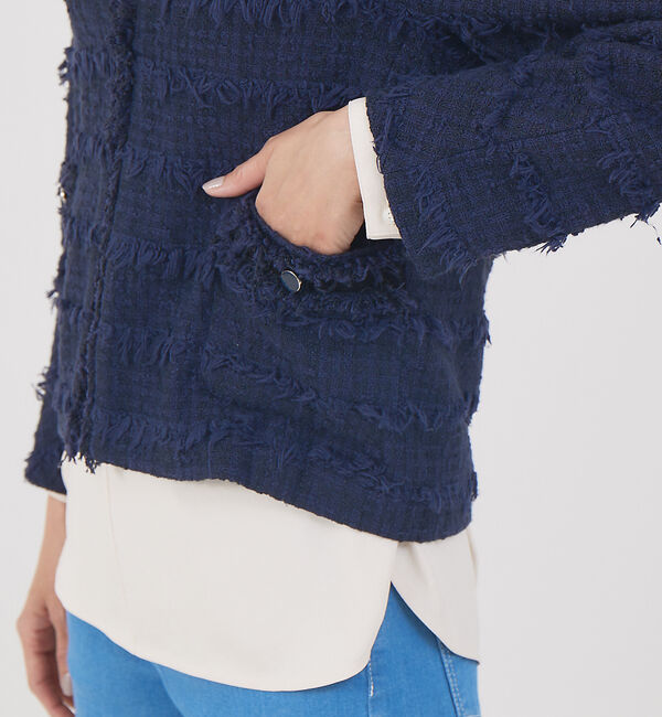 qualite「フリンジツィードジャケット」|ノーカラージャケット|