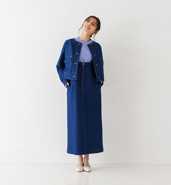 abahouse mavie「ジャージーデニムショートジャケット」|ノーカラージャケット|