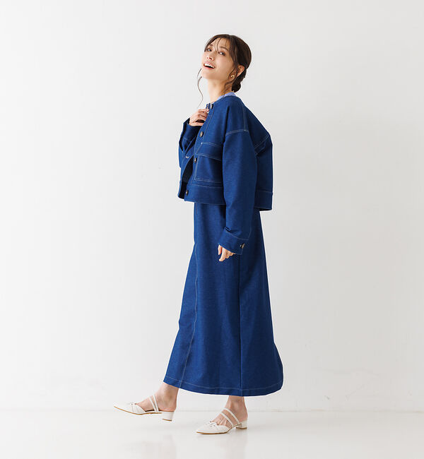 abahouse mavie「ジャージーデニムショートジャケット」|ノーカラージャケット|