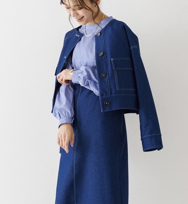 abahouse mavie「ジャージーデニムショートジャケット」|ノーカラージャケット|