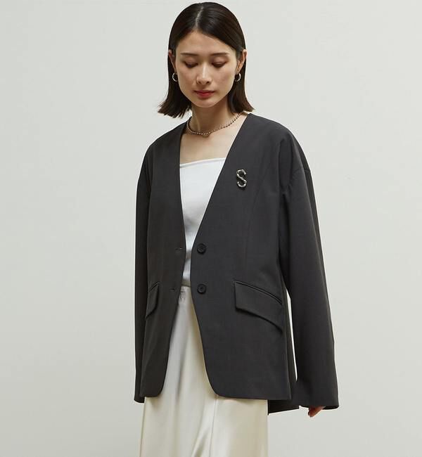 Soffitto「多機能ストレッチ素材麻混ノーカラー立体袖ジャケット」|ノーカラージャケット|