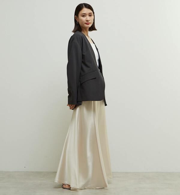 Soffitto「多機能ストレッチ素材麻混ノーカラー立体袖ジャケット」|ノーカラージャケット|