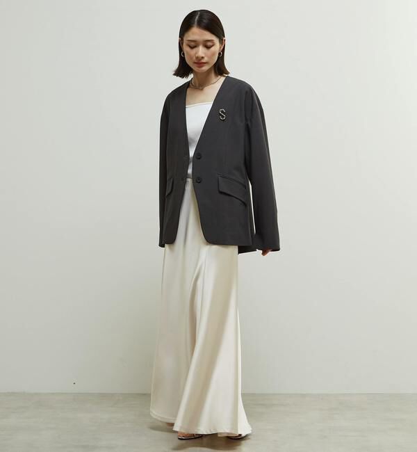 Soffitto「多機能ストレッチ素材麻混ノーカラー立体袖ジャケット」|ノーカラージャケット|