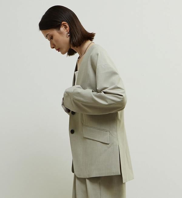 Soffitto「多機能ストレッチ素材麻混ノーカラー立体袖ジャケット」|ノーカラージャケット|