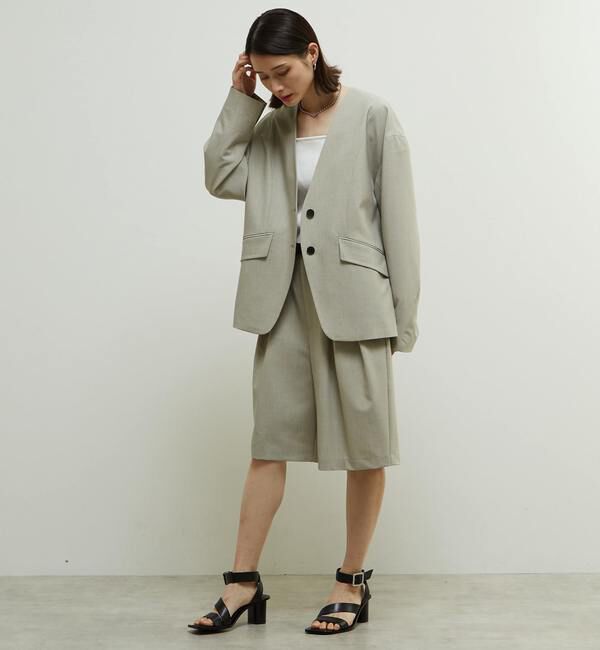 Soffitto「多機能ストレッチ素材麻混ノーカラー立体袖ジャケット」|ノーカラージャケット|