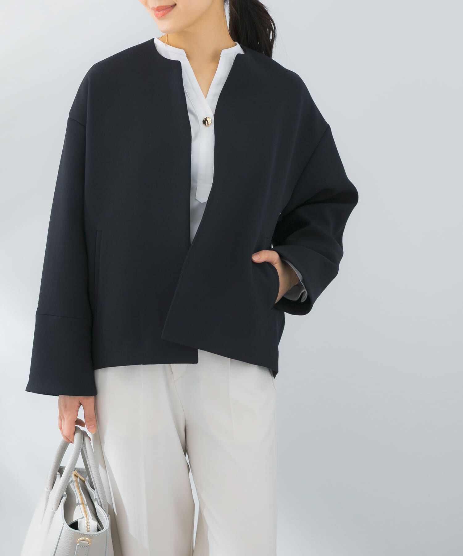 URBAN RESEARCH ROSSO「UVカットトリプルクロスショートコート」|ノーカラージャケット|ネイビー