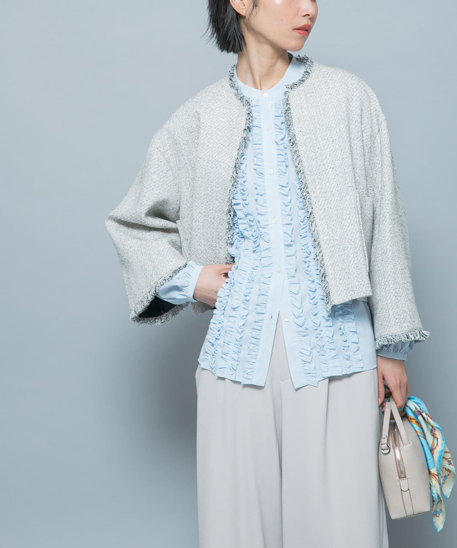 URBAN RESEARCH ROSSO「ツイードショートジャケット」|ノーカラージャケット|