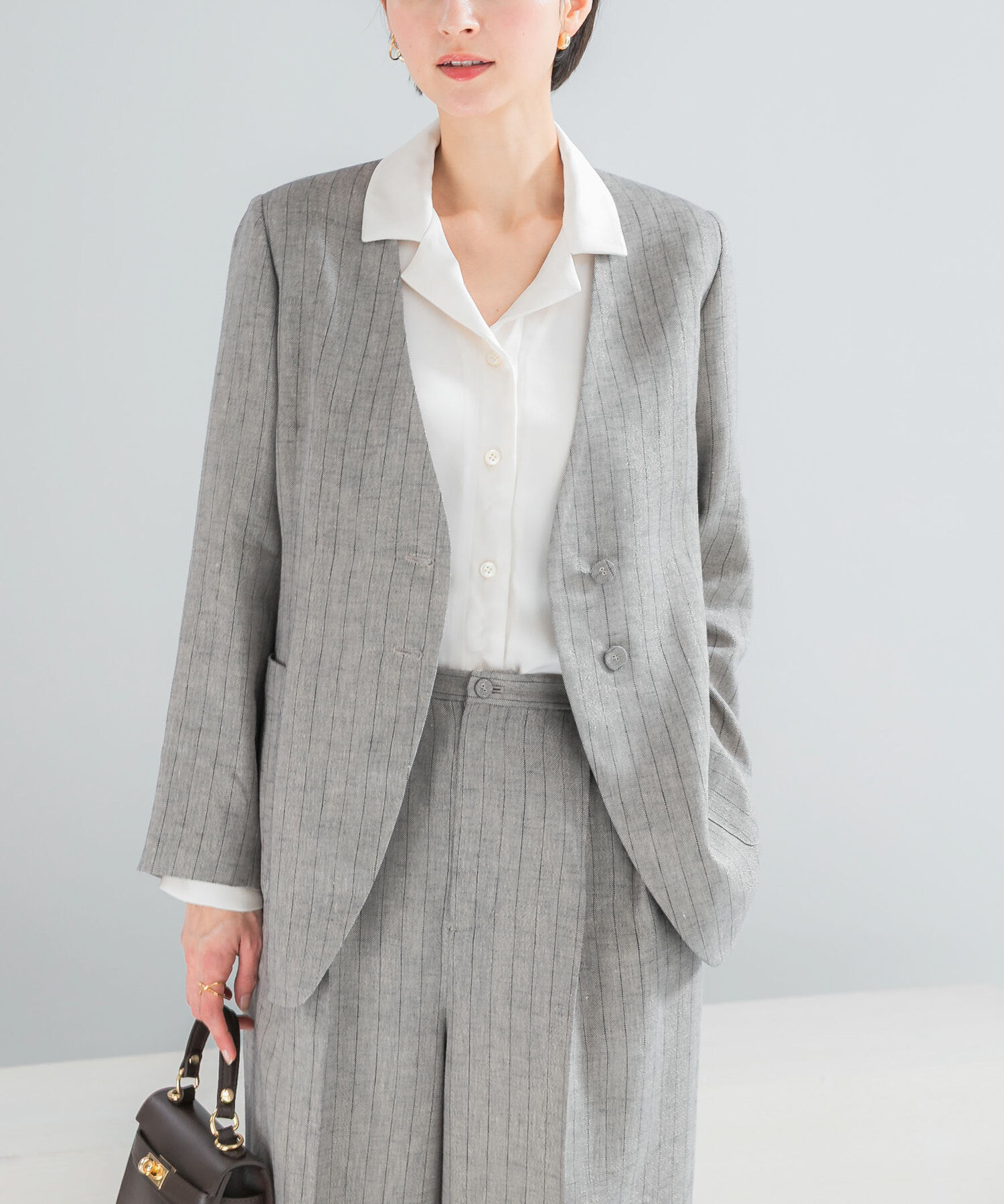 URBAN RESEARCH ROSSO「ラメリネンストライプノーカラージャケット」|ノーカラージャケット|