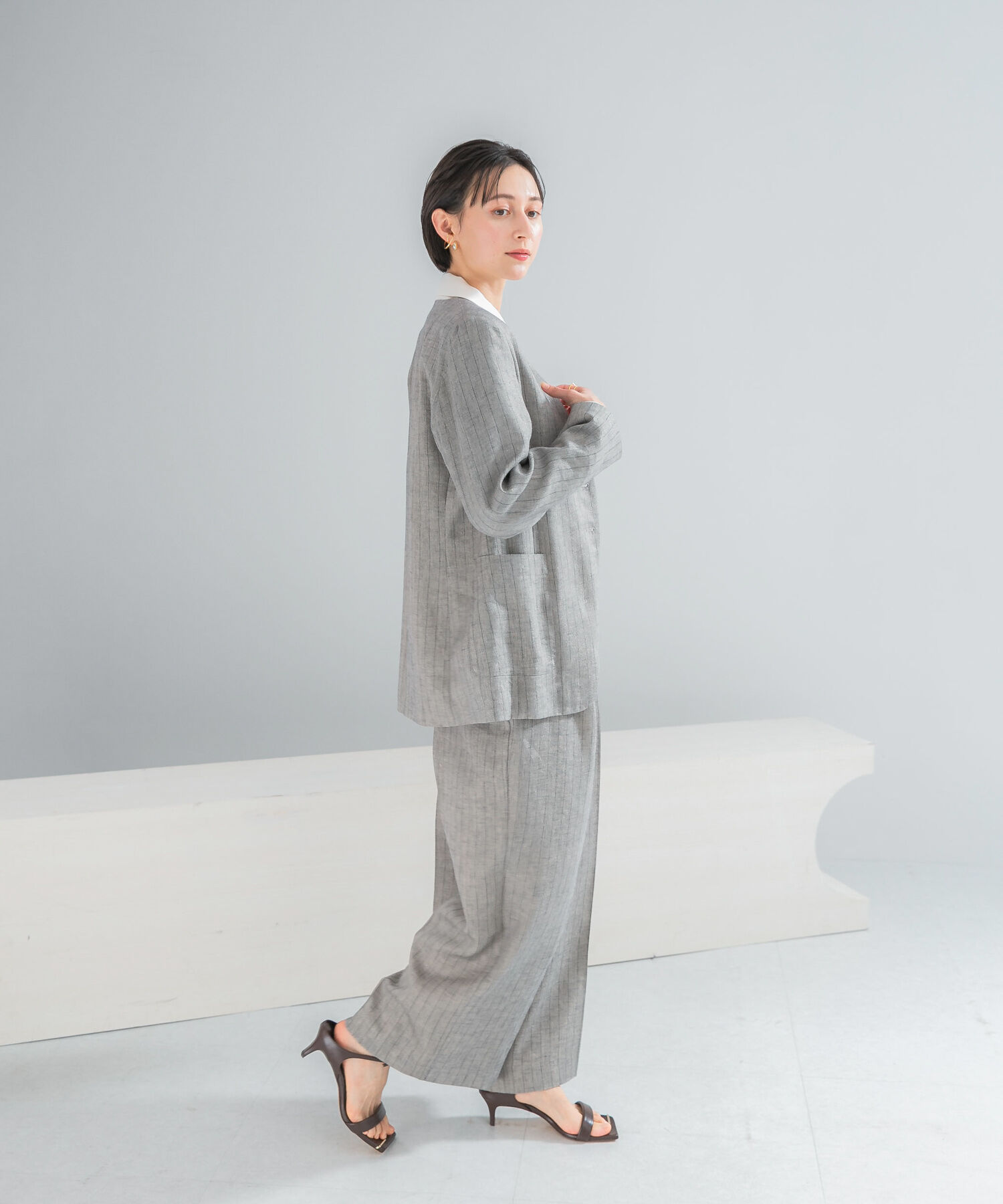 URBAN RESEARCH ROSSO「ラメリネンストライプノーカラージャケット」|ノーカラージャケット|