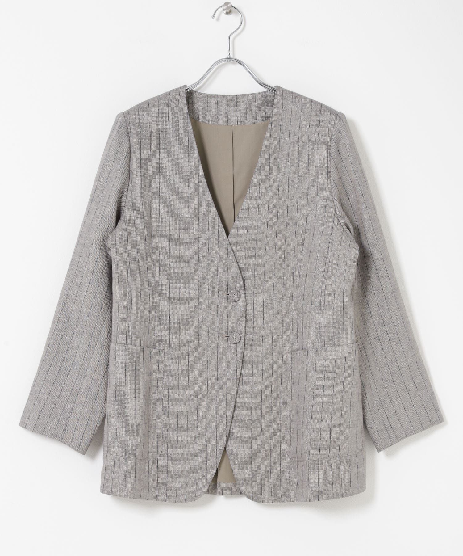 URBAN RESEARCH ROSSO「ラメリネンストライプノーカラージャケット」|ノーカラージャケット|