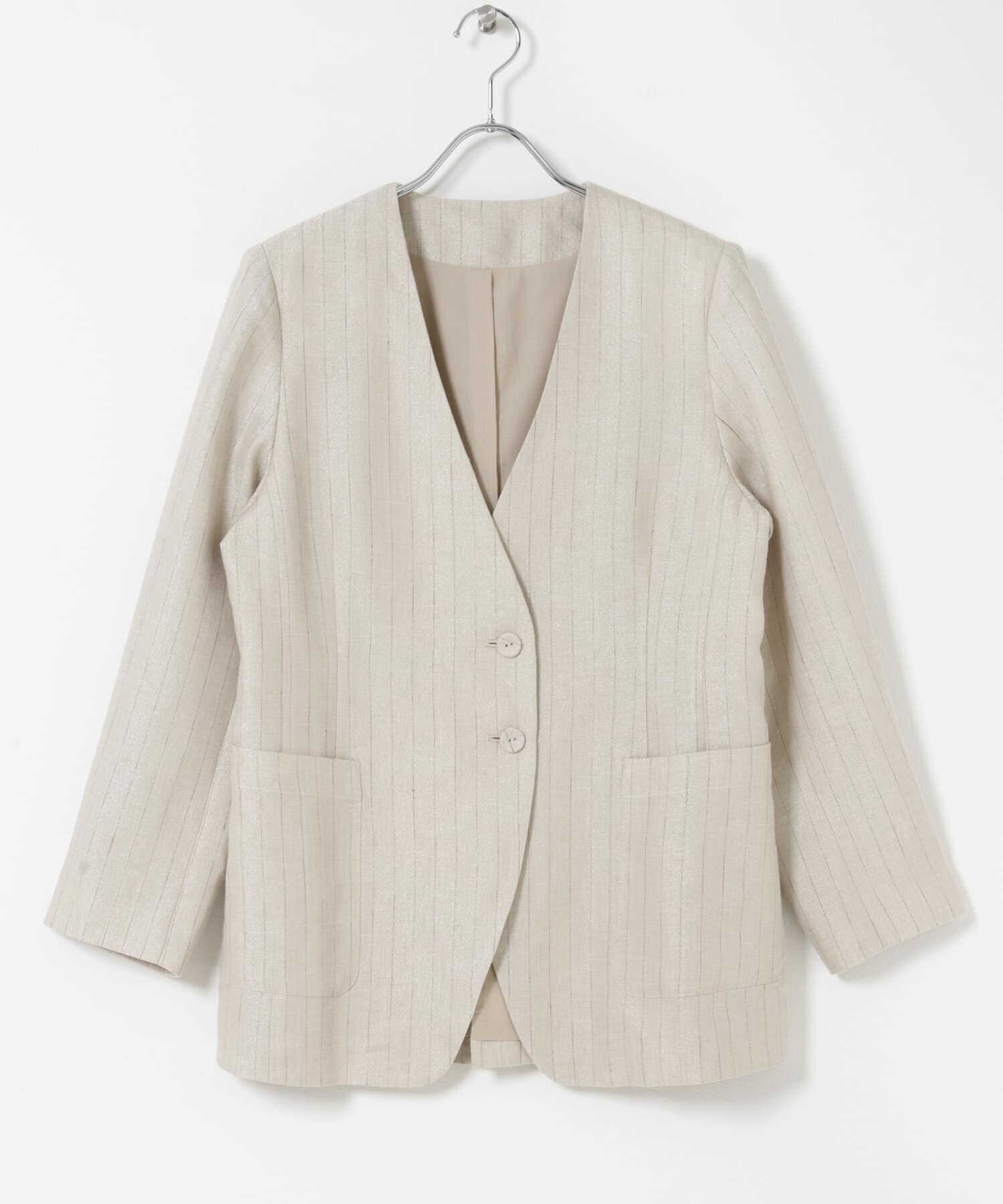 URBAN RESEARCH ROSSO「ラメリネンストライプノーカラージャケット」|ノーカラージャケット|