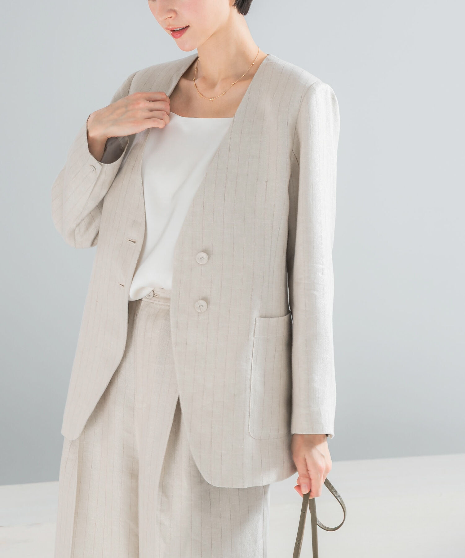 URBAN RESEARCH ROSSO「ラメリネンストライプノーカラージャケット」|ノーカラージャケット|