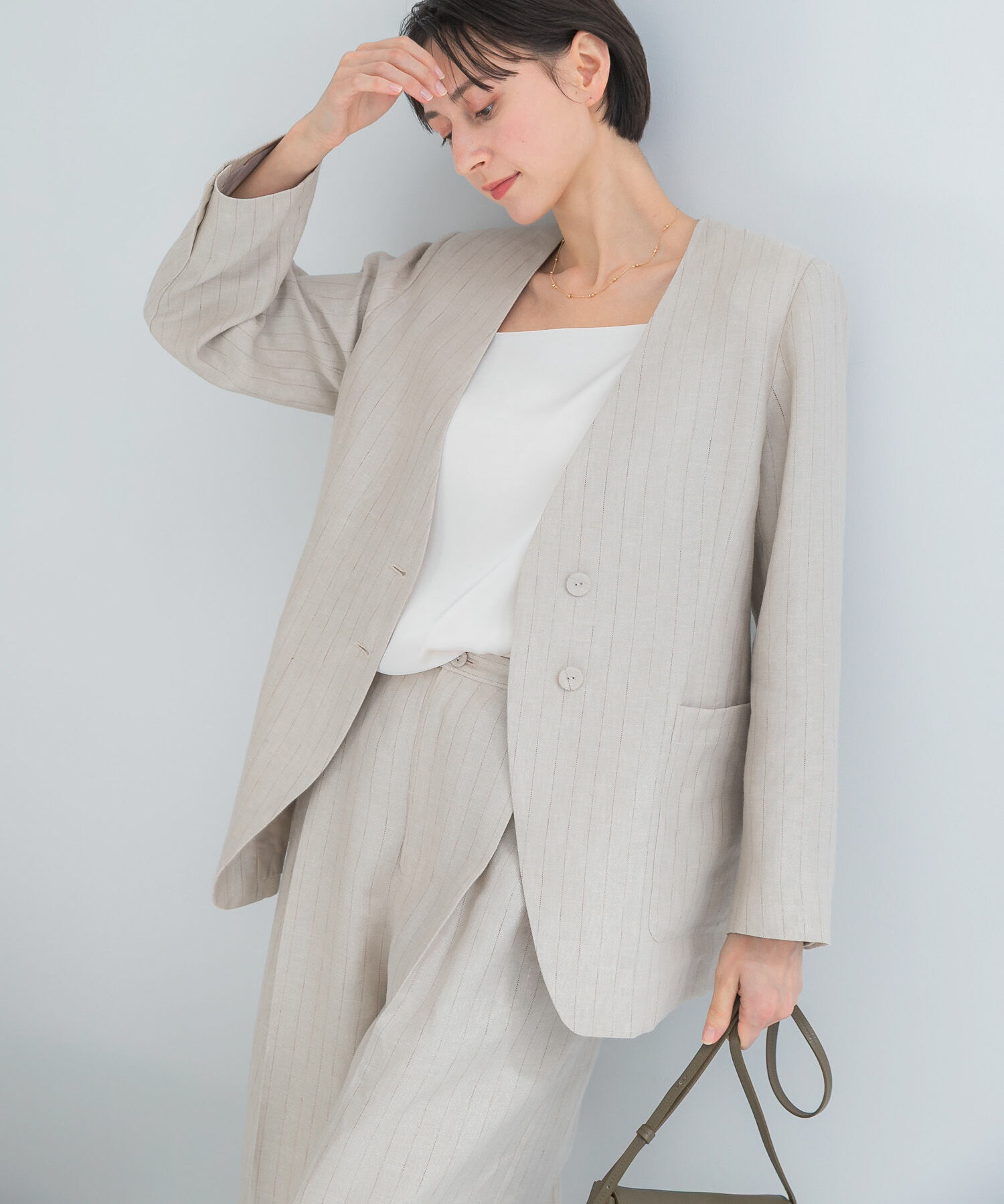 URBAN RESEARCH ROSSO「ラメリネンストライプノーカラージャケット」|ノーカラージャケット|