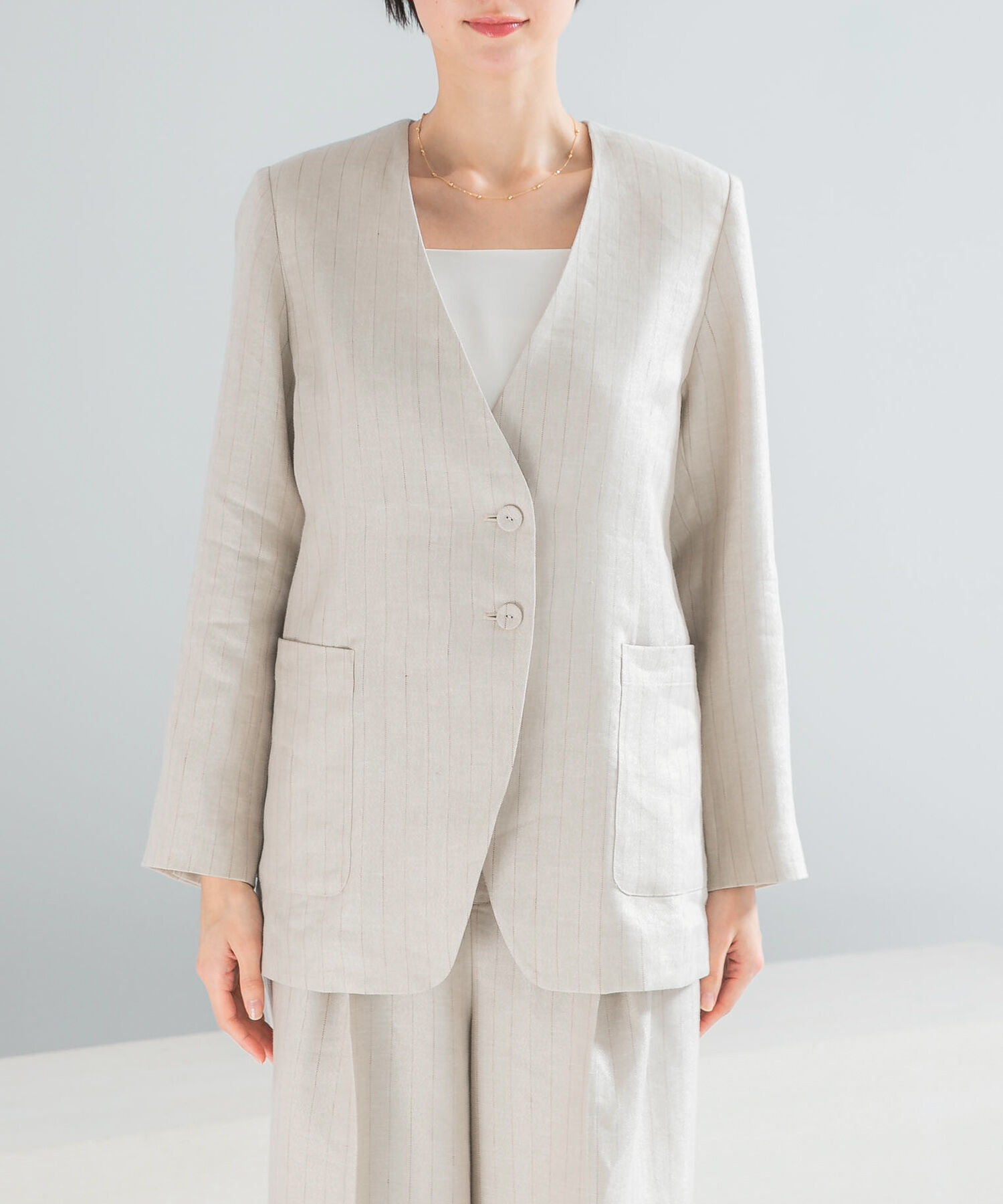 URBAN RESEARCH ROSSO「ラメリネンストライプノーカラージャケット」|ノーカラージャケット|