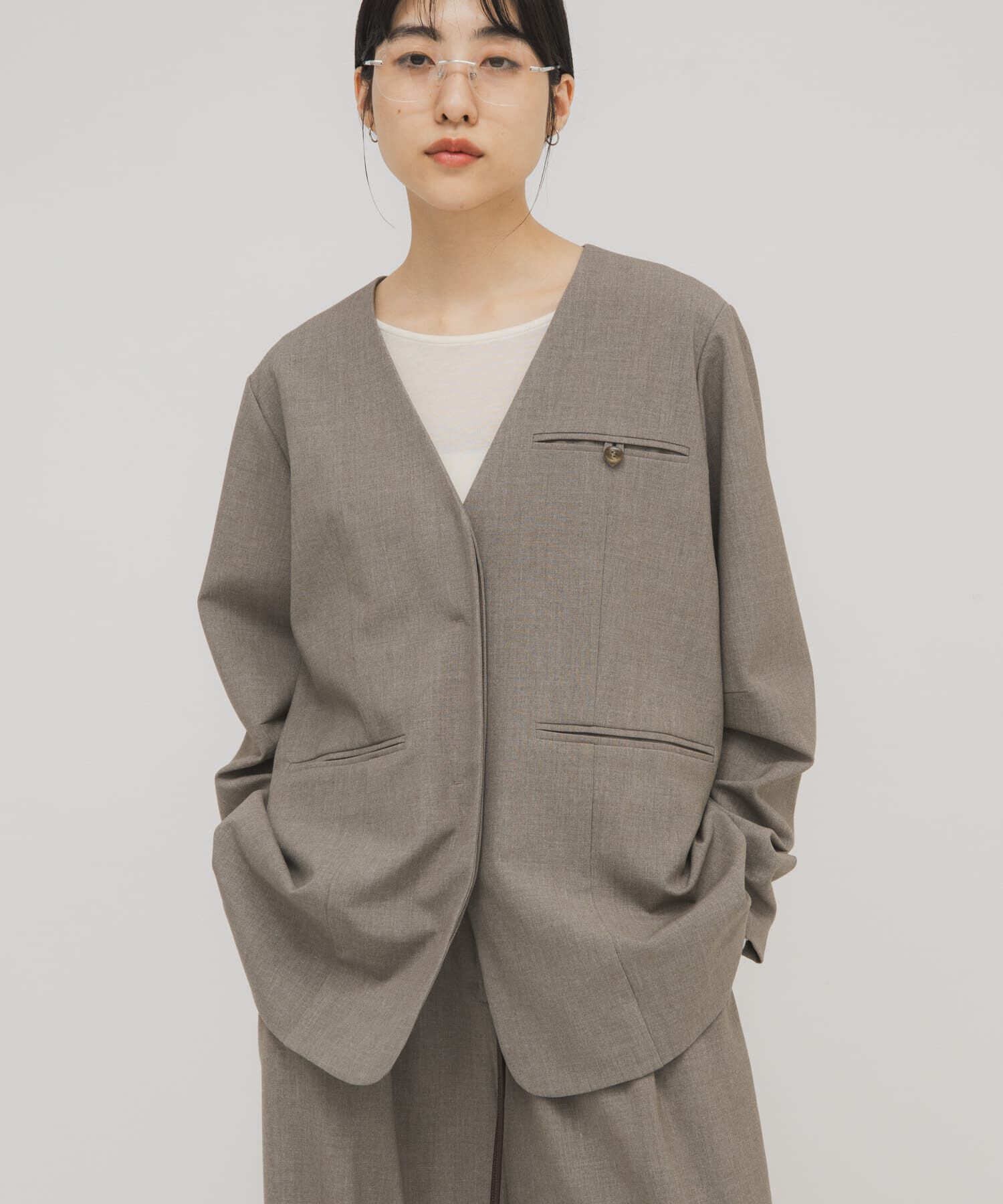  「ノーカラーデザインジャケット」|ノーカラージャケット|