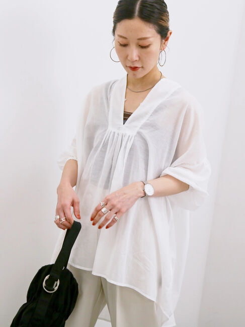 Samansa Mos2 blue「◎シフォンタックブラウス」|シャツ・ブラウス|