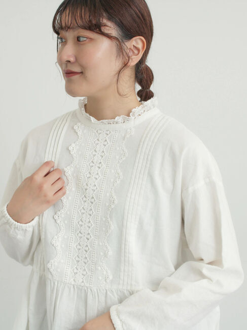 Samansa Mos2「前立てレース切替ブラウス」|シャツ・ブラウス|オフホワイト
