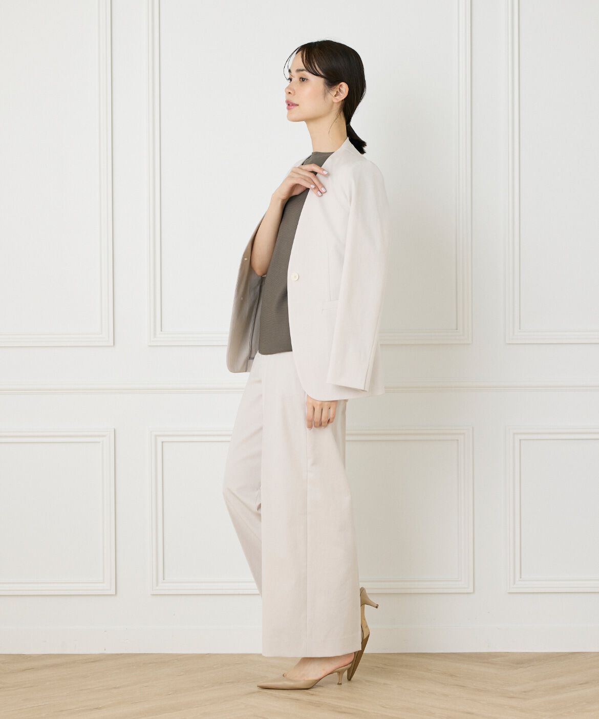 INED「《大きいサイズ》綿麻ノーカラージャケット」|ノーカラージャケット|