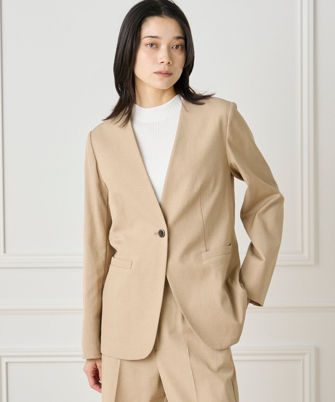 INED「《大きいサイズ》綿麻ノーカラージャケット」|ノーカラージャケット|