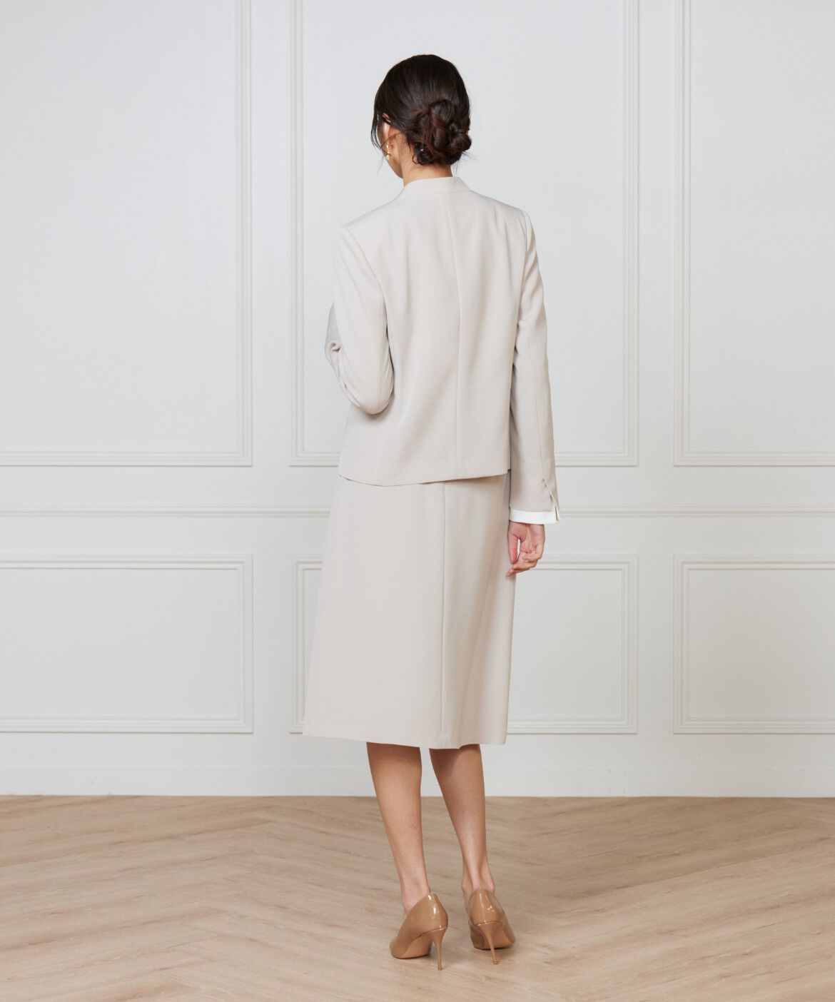 INED「《大きいサイズ》カラーレスジャケット」|ノーカラージャケット|