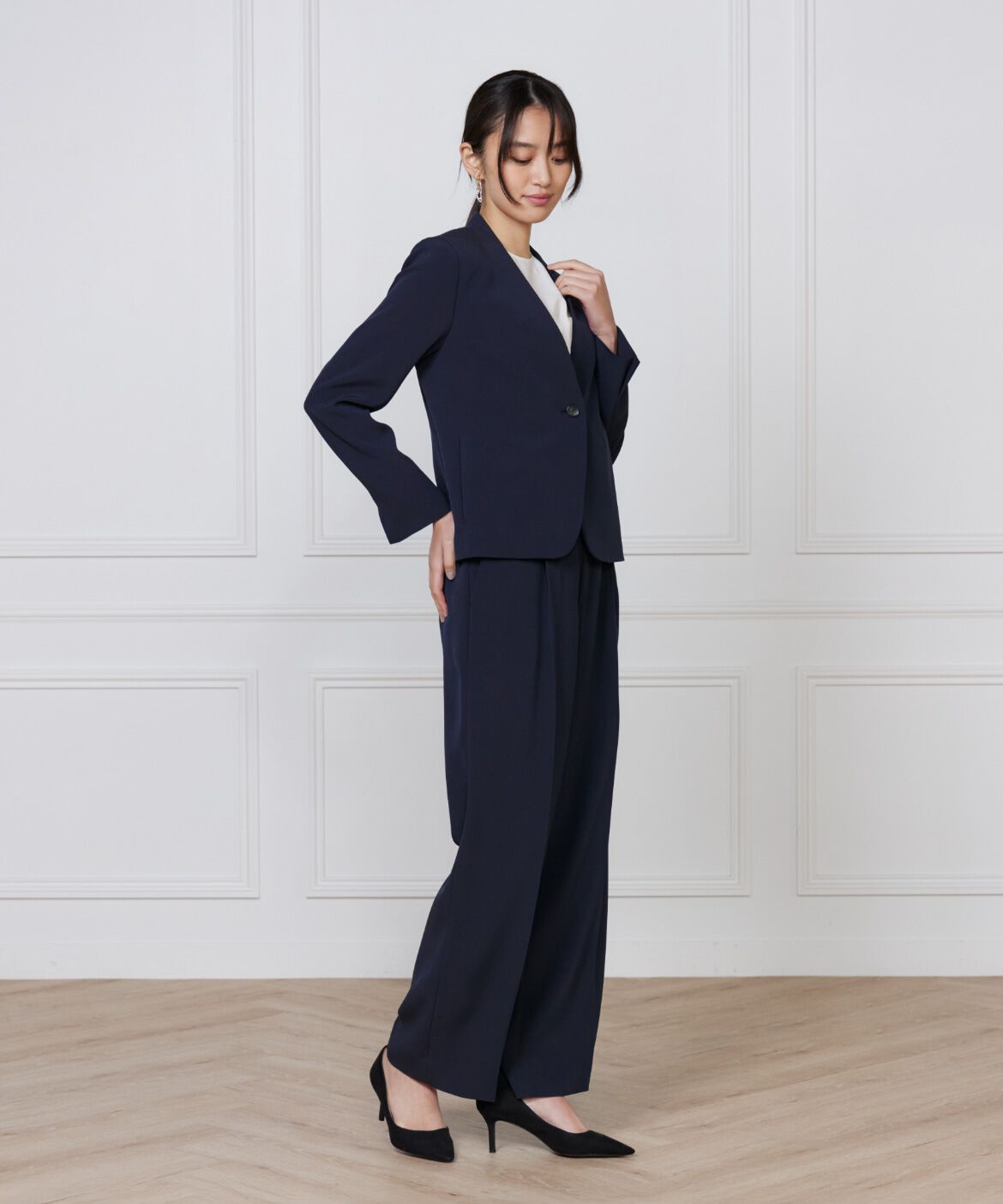 INED「《大きいサイズ》カラーレスジャケット」|ノーカラージャケット|