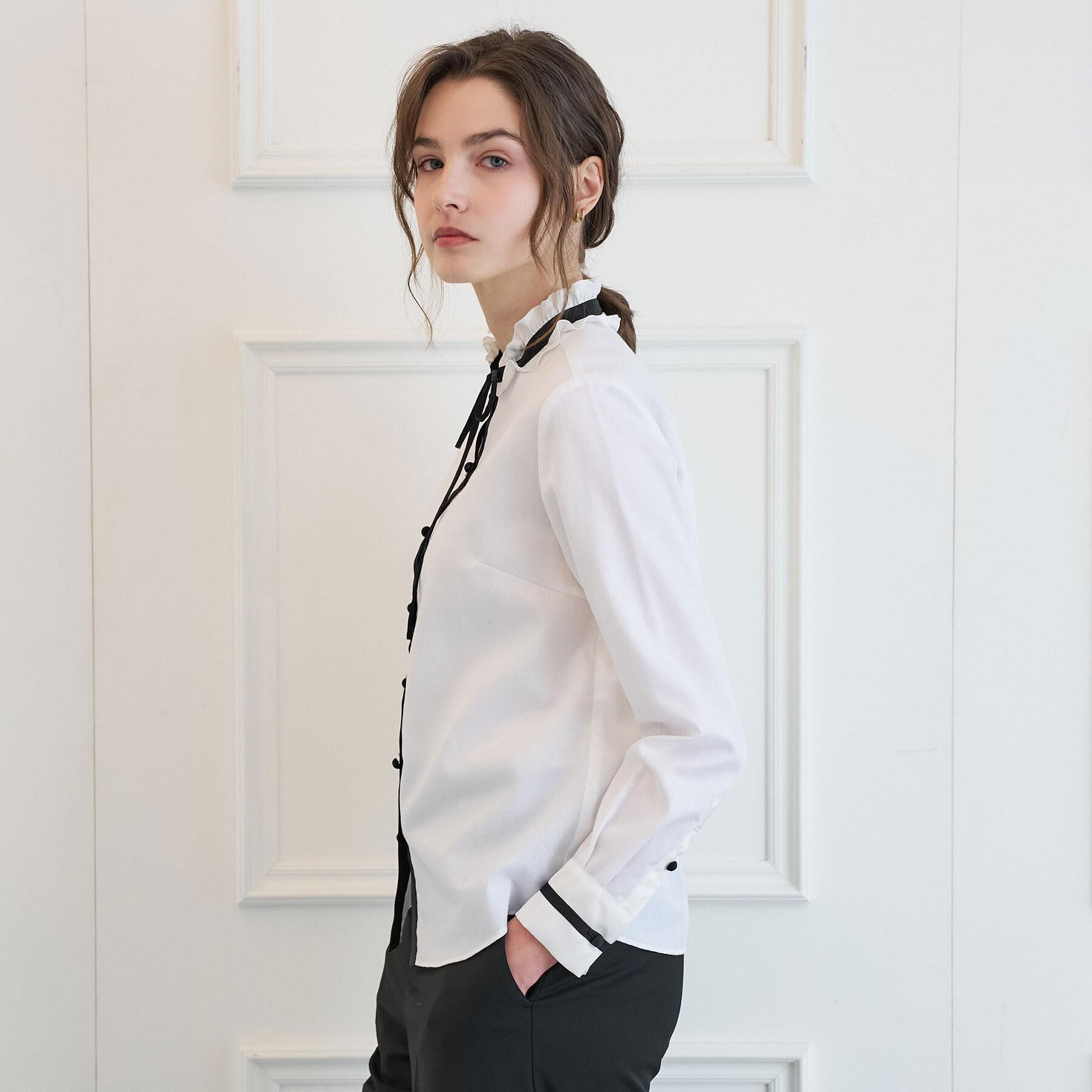 DRESSTERIOR「バイカラーリボンタイフリルネックブラウス」|シャツ・ブラウス|