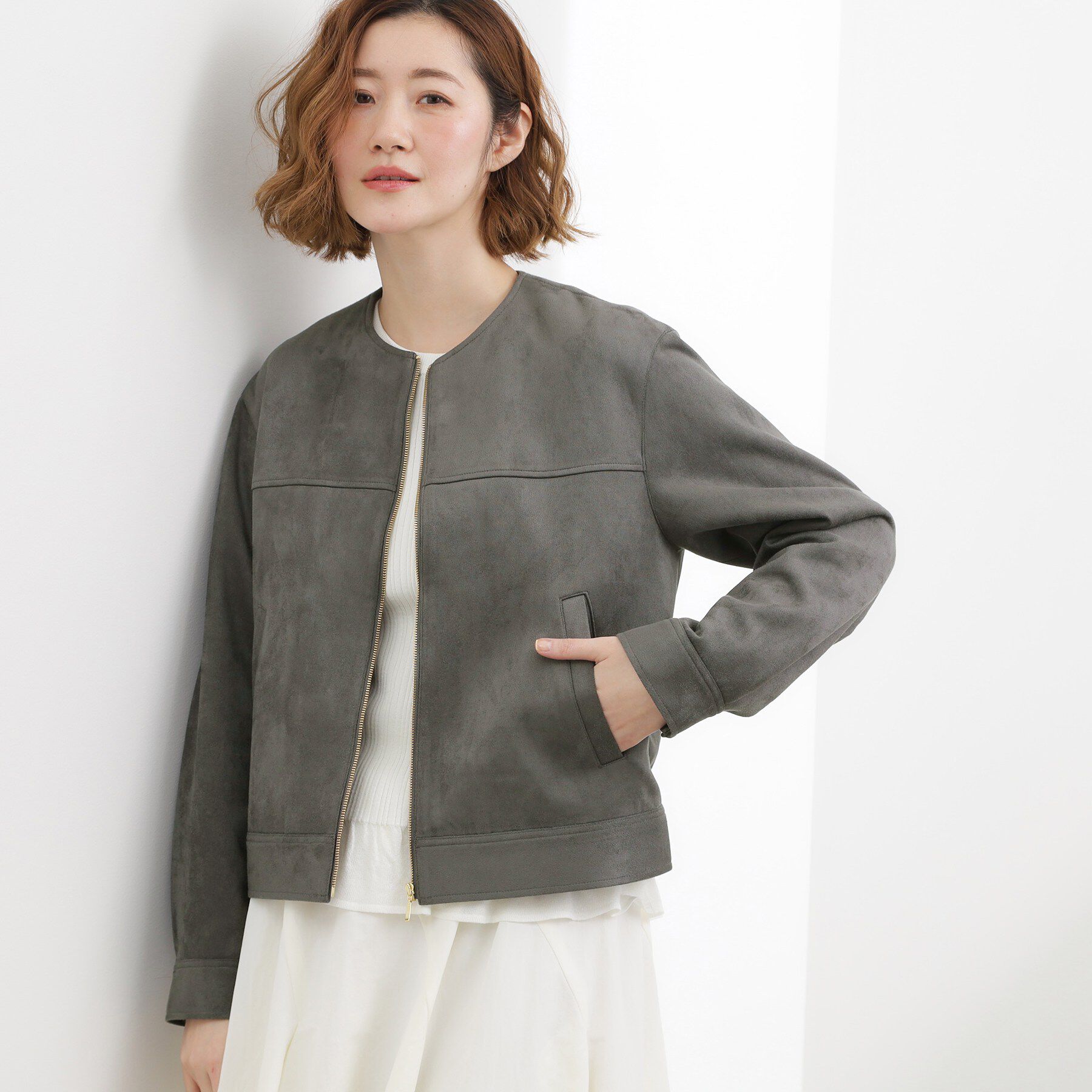 grove「スエードライク ノーカラーブルゾン」|ノーカラージャケット|チャコールグレー(0
