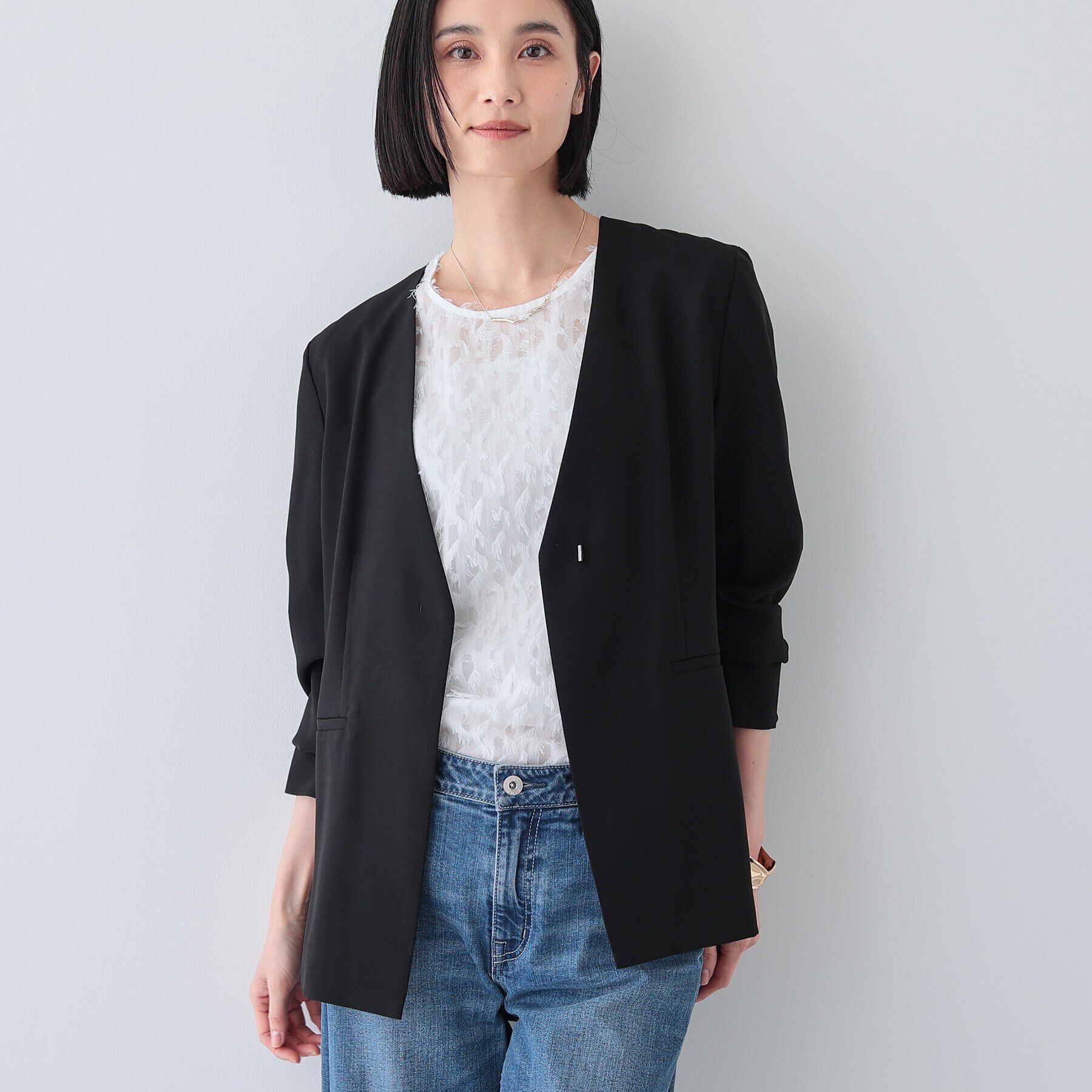 INDIVI「【洗える／バックシャン】ハンサムノーカラージャケット」|ノーカラージャケット|ブラック(019)