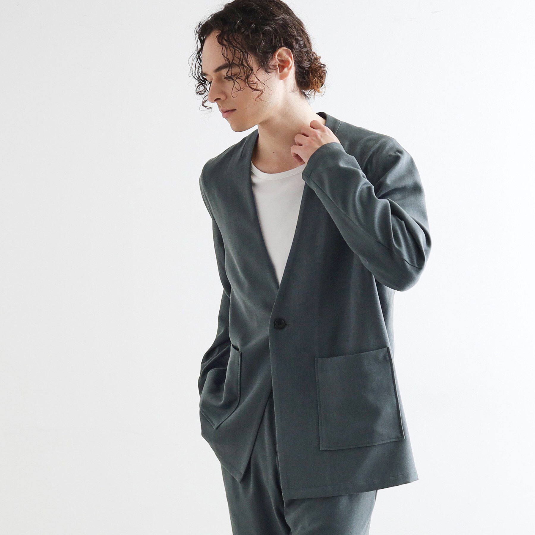 tk.TAKEO KIKUCHI「【セットアップ対応】ポリツイルノーカラージャケット」|ノーカラージャケット|ブルーグリーン(09